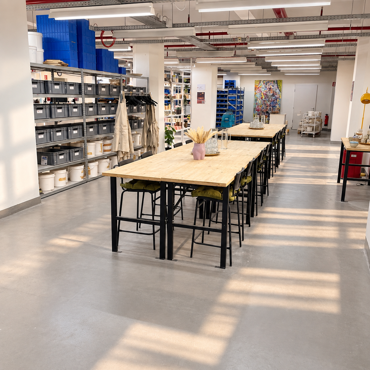 Großzügiger Aufenthaltsbereich bei Studio Amun in Hamburg mit langen Gemeinschaftstischen für Kursteilnehmende und Gruppen