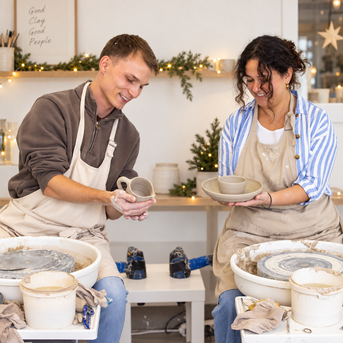 Teilnehmende zeigen ihre selbst getöpferten Keramiken beim Christmas Pottery Weihnachtskurs von Studio Amun in Hamburg.