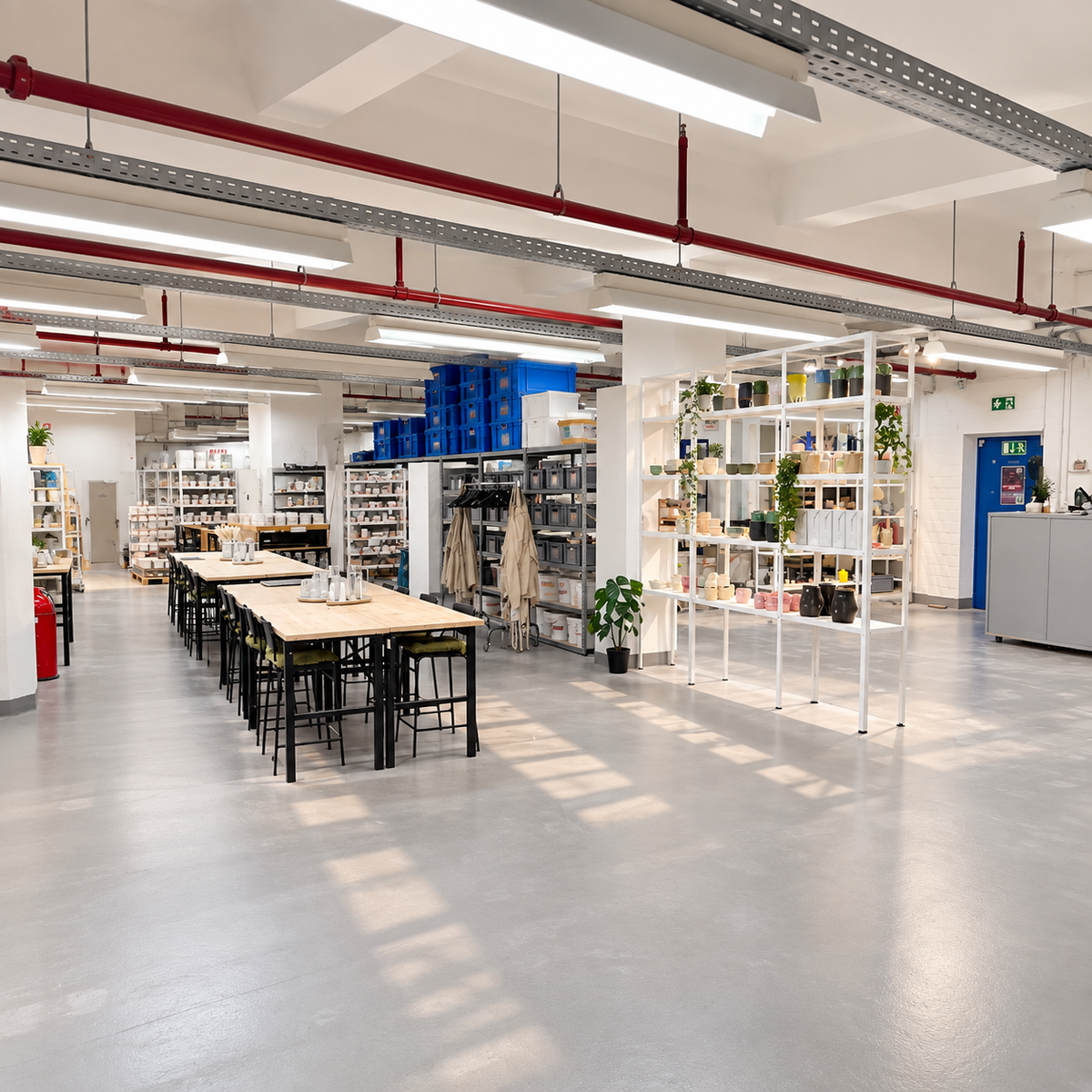 Weitläufiger Innenbereich des Studio Amun in Hamburg mit Kursbereichen, Keramikregalen und Blick in die eigene Produktion