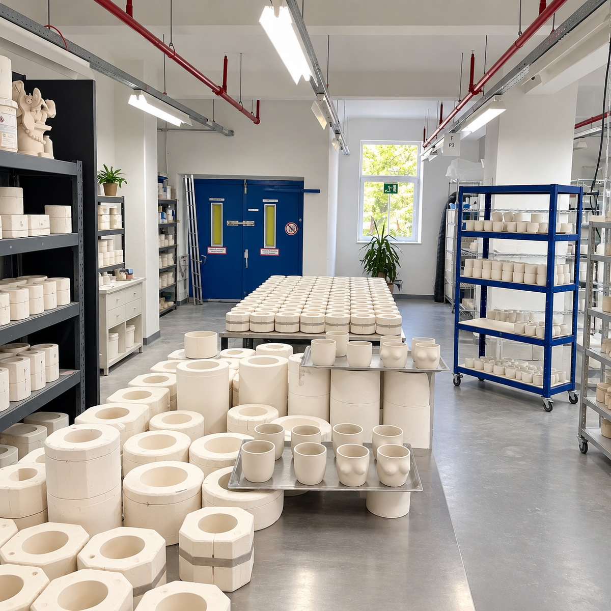 Gießbereich der Keramikproduktion bei Studio Amun in Hamburg mit Gipsformen und frisch gegossenen Keramiken
