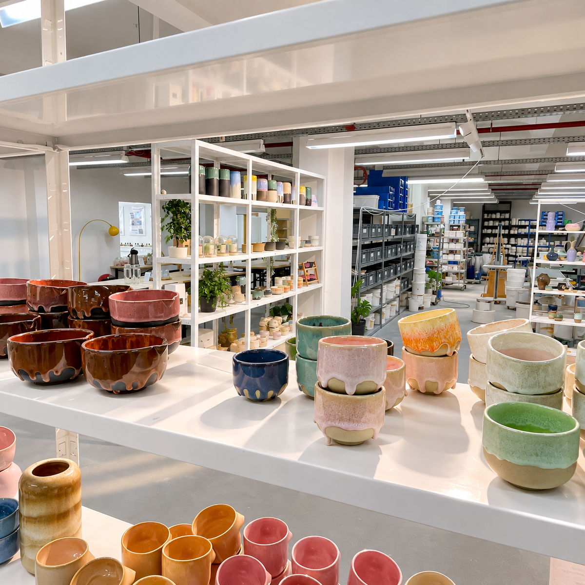 Ladenfläche von Studio Amun in Hamburg mit handgemachter Keramik und direktem Blick in die eigene Keramikproduktion