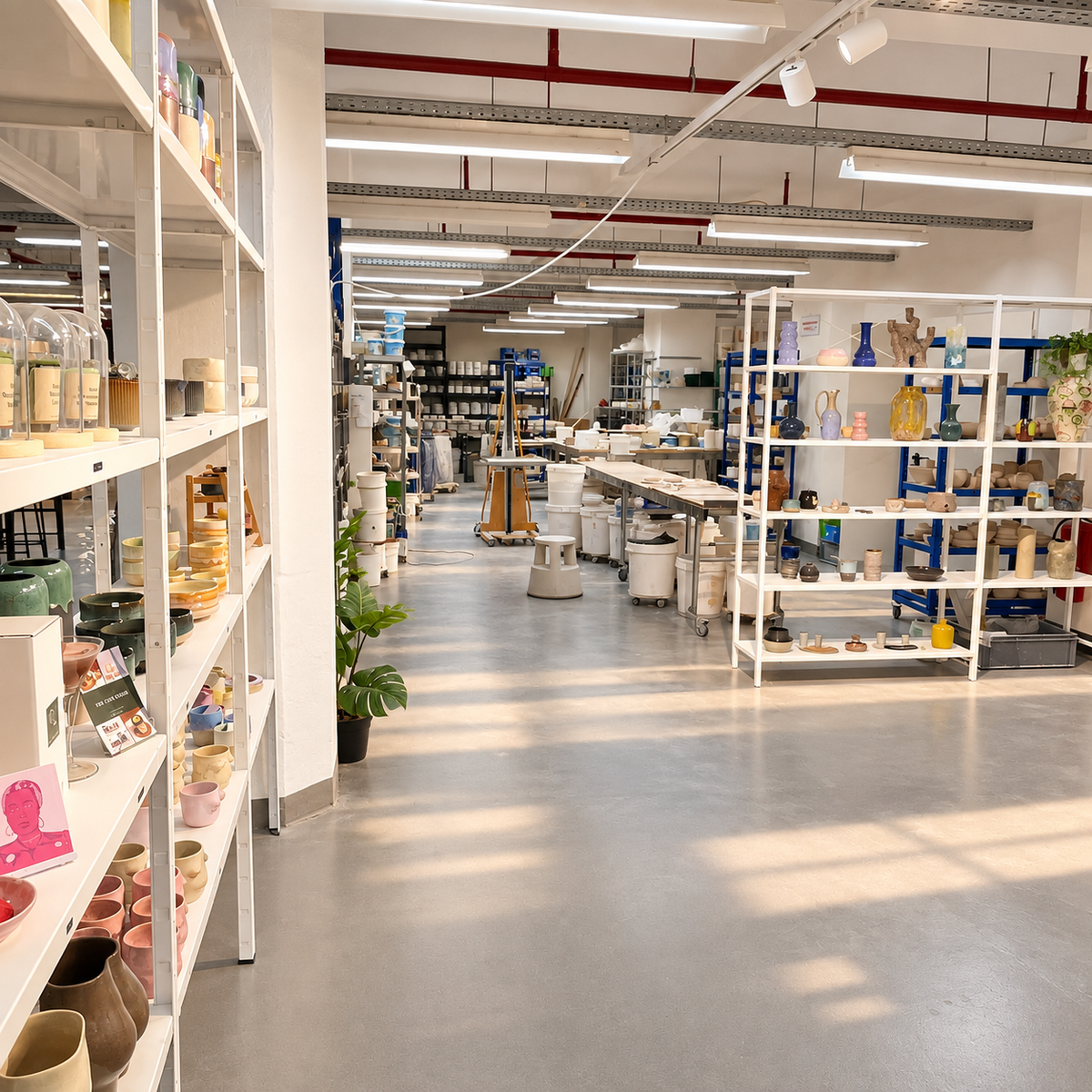 Blick in das Keramikstudio von Studio Amun in Hamburg mit Keramikregalen und eigener Produktionswerkstatt
