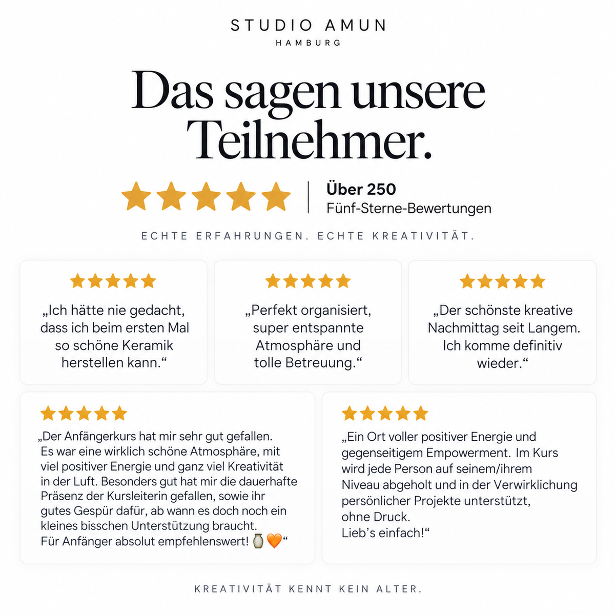 Teilnehmerbewertungen zum Töpferkurs bei Studio Amun in Hamburg mit über 250 Fünf-Sterne-Bewertungen