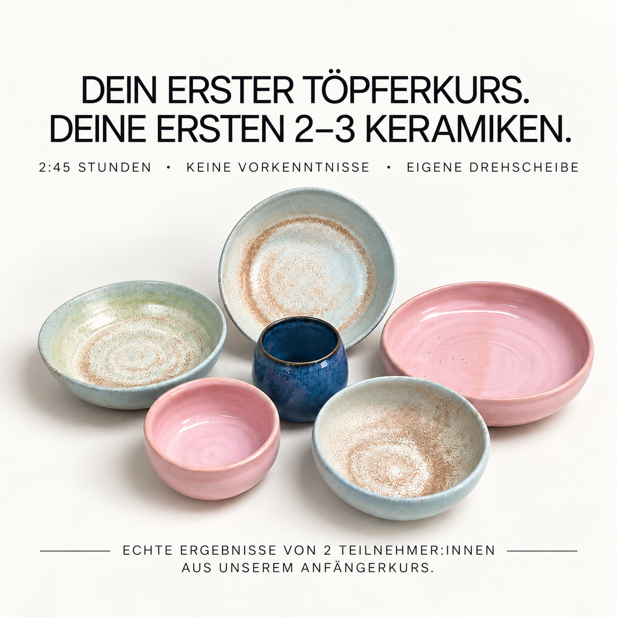 Echte Keramik-Ergebnisse von zwei Teilnehmern aus dem Anfänger-Töpferkurs bei Studio Amun in Hamburg