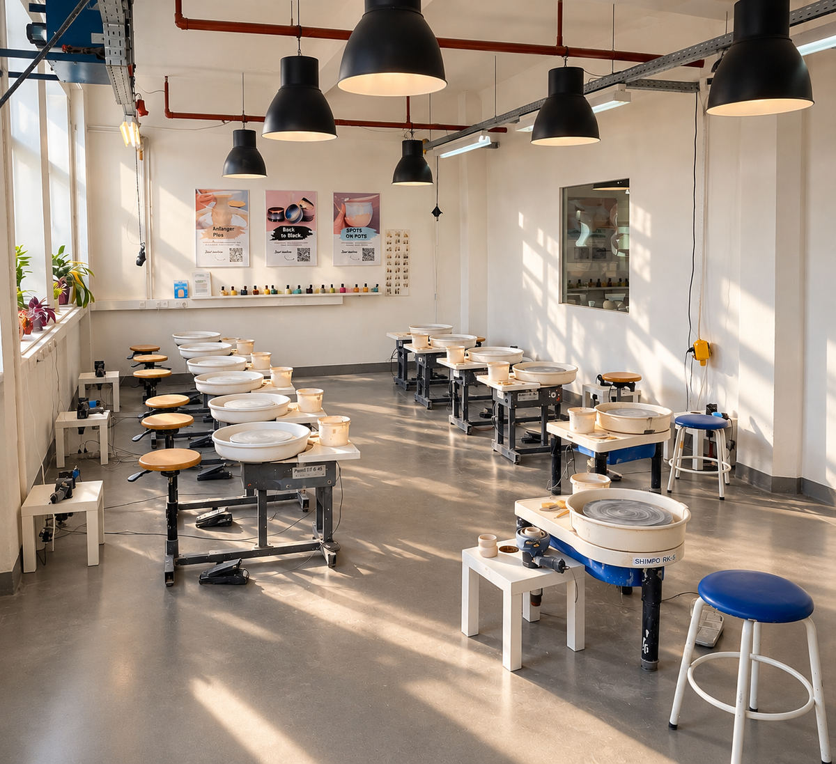 Heller Drehscheiben-Kursraum im Studio Amun Hamburg mit professionell ausgestatteten Arbeitsplätzen